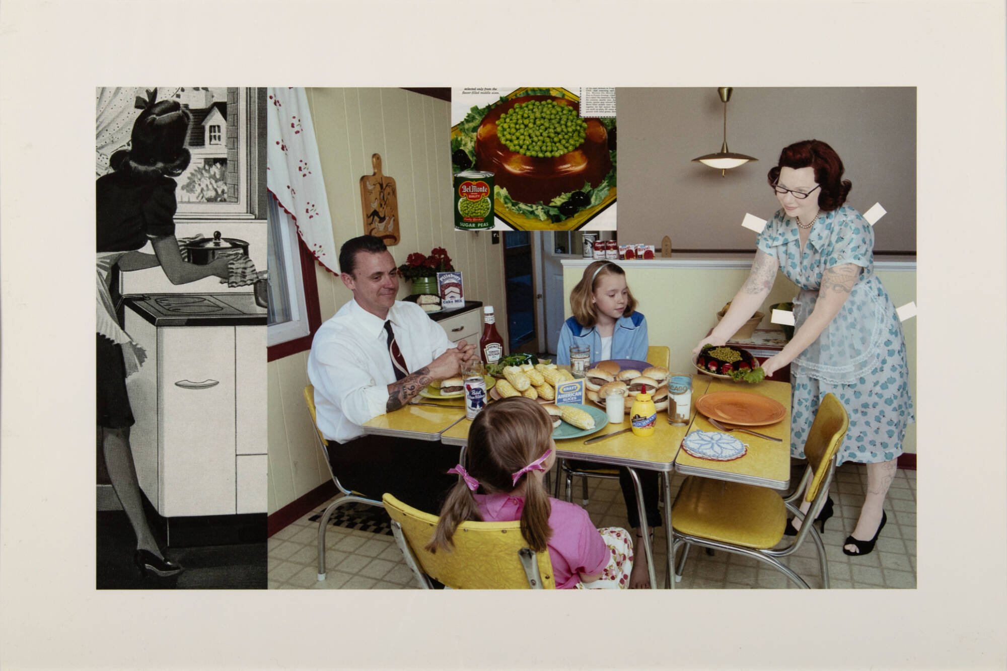 A collage of photographic images that comes together to make a picture of a family sitting at the dinner table.